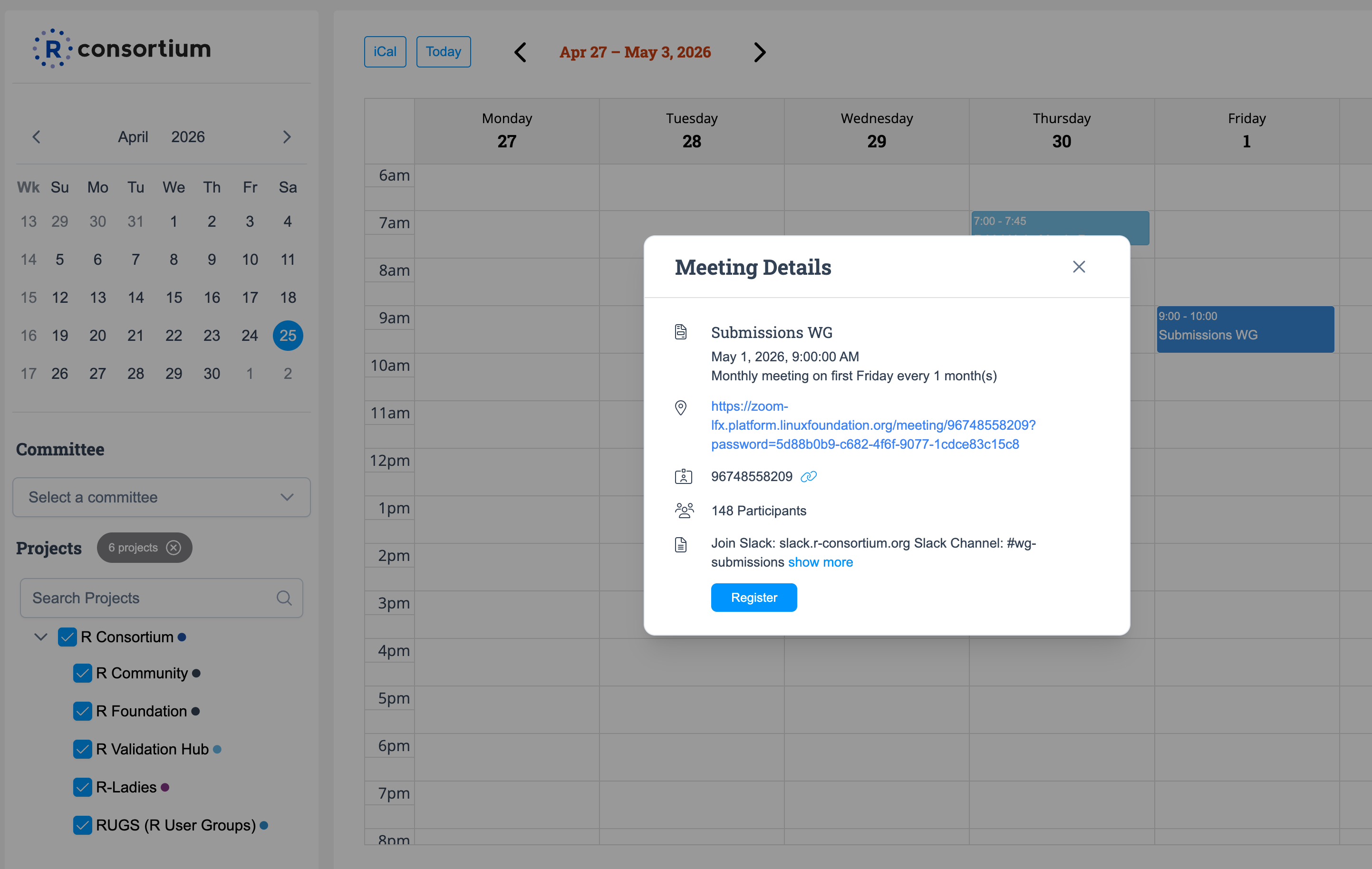 Screenshot of the R Consortium public calendar showing the Submissions WG monthly meeting details popup with a Register button.